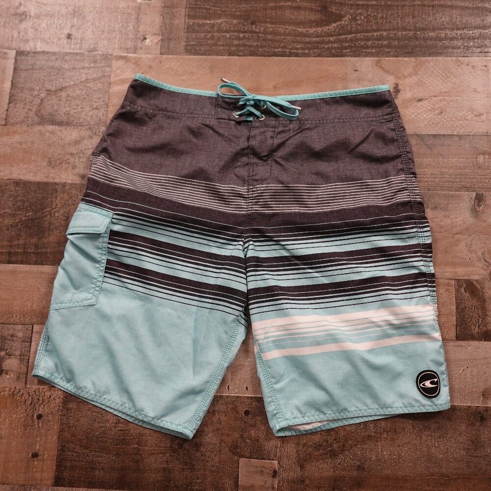 O’Neill Board Shorts Men's Size 34 Aqua Blue Black Stripe Surf Swim Trunks